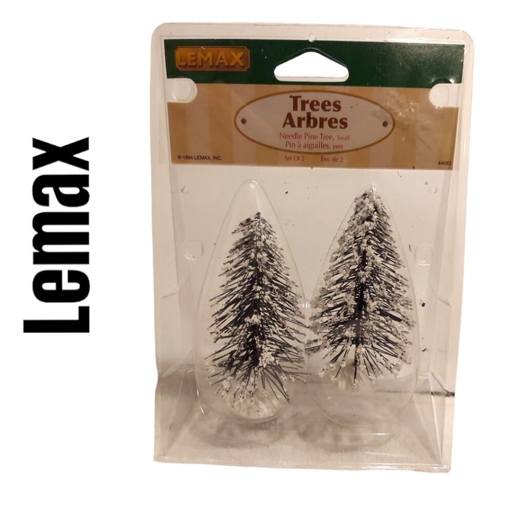 LEMAX B Needle Pine Tree #440834 Set of Two (2) 4" Train Flocked NOS Green 1994